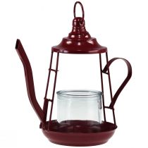 Artikel Teelichthalter Glas Windlicht Metall Kanne Rot H22cm
