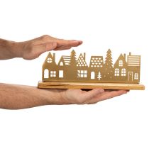 Artikel Häuser-Silhouette Adventsdekoration aus Metall in Mattgold auf Holzsockel 29 cm