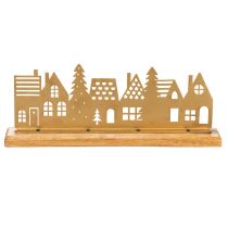Artikel Häuser-Silhouette Adventsdekoration aus Metall in Mattgold auf Holzsockel 29 cm