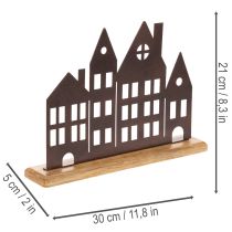 Artikel Häuserreihe Metall auf Holzsockel 30cm kupferfarben