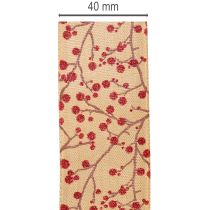 Artikel Dekoband Stoff Zweige mit roten Glitterbeeren 40mm 15m Beige