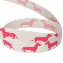 Artikel Dekoband mit Dackelmotiv aus Polyester 15mm Weiß Rosa 18m