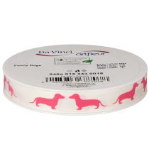 Artikel Dekoband mit Dackelmotiv aus Polyester 15mm Weiß Rosa 18m