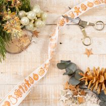 Artikel Geschenkband mit Lebkuchenfiguren aus Polyester, 25 mm x 18 m, Weiß-Orange