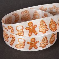 Artikel Geschenkband mit Lebkuchenfiguren aus Polyester, 25 mm x 18 m, Weiß-Orange