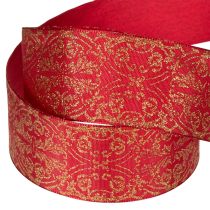 Artikel Geschenkband aus Polyester mit Drahtkanten 40 mm 15 m Dunkelrot mit goldenen Mustern