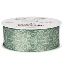 Artikel Geschenkband aus Polyester mit Drahtkante 40mm 15m Salbeigrün/dunkelgrünes Muster