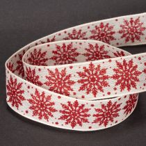 Artikel Dekoband Schneeflocken Baumwollmix 25mm 20m Weiß Rot Geschenkdekoration