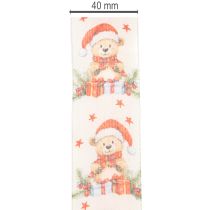 Artikel Geschenkband Stoff 40mm Bär Weihnachtsmütze Geschenke Creme Rot Grün 15m