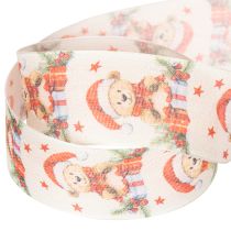 Artikel Geschenkband Stoff 40mm Bär Weihnachtsmütze Geschenke Creme Rot Grün 15m