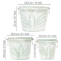 Artikel Blech-Kübel mit Prägung, Pflanzgefäß mit Henkeln Weiß, Grün Shabby Chic H22/19,5/17,5cm Ø25,5/20,5/15,5cm 3er-Set