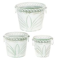 Artikel Blech-Pflanzgefäße mit Prägung, 3er-Set, Weiß-Grün, H22/19,5/17,5cm, Ø25,5/20,5/15,5cm, mit Henkeln