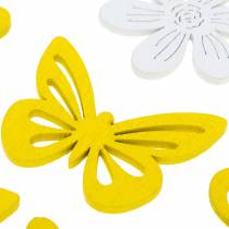 Blumen und Schmetterlinge zum Streuen Gelb, Weiß Holz Streudeko Frühlingsdeko 72St