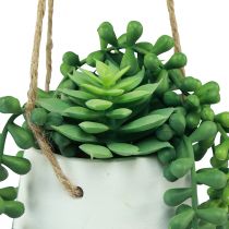 Artikel Blumenampeln mit künstlichen Sukkulenten, 3 Stück, 18 cm, Grün, Keramik und Jutefaser