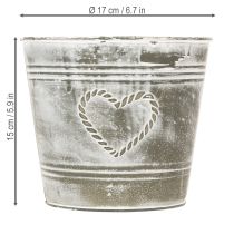 Artikel Blumentopf Metall Übertopf Shabby Chic Herzmotiv Ø17,5cm H15,5cm Grau Weiß