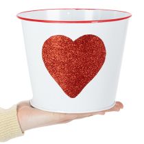 Artikel Blumentopf Metall Weiß Ø18cm H13,5cm mit rotem Glitzerherz
