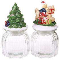 Artikel Set aus 2 Bonbongläsern mit handbemaltem Keramikdeckel, 20 cm hoch, Motiv Tannenbaum und Teddy auf Pferd
