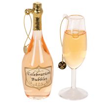 Artikel Weihnachtsbaumanhänger Set Sektflasche und Sektglas aus Glas 14cm Orange