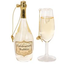 Artikel Sektflasche und Sektglas Anhänger-Set aus Glas 14cm goldfarben