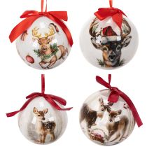 Artikel Weihnachtskugeln aus Kunststoff mit Hirschmotiv und roten Bändern, 7 cm, Set mit 4 Stück