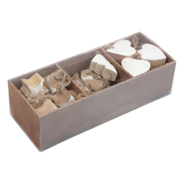 Artikel Christbaumschmuck Holz Mix Herz Stern Tannenbaum Weiß, Natur 5cm 27 St