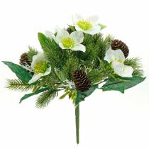 Künstlicher Christrosenstrauß mit Tanne und Zapfen H26cm