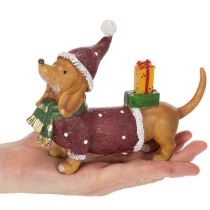 Artikel Dekofigur Dackel aus Polyresin 18 cm mit Geschenkpaket und Weihnachtsmütze