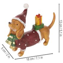 Artikel Dekofigur Dackel aus Polyresin 18 cm mit Geschenkpaket und Weihnachtsmütze