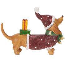 Artikel Dekofigur Dackel aus Polyresin 18 cm mit Geschenkpaket und Weihnachtsmütze