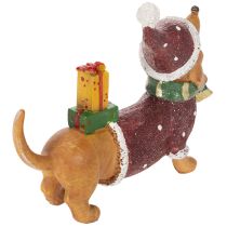 Artikel Dekofigur Dackel aus Polyresin 18 cm mit Geschenkpaket und Weihnachtsmütze