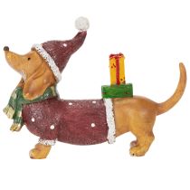 Artikel Dekofigur Dackel aus Polyresin 18 cm mit Geschenkpaket und Weihnachtsmütze