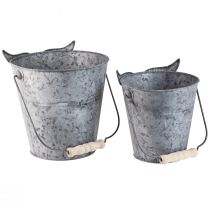 Artikel Deko Übertopf Set Zink Eimer Ø15/19cm mit Eulenmotiv und Holzgriff für Innen und Außen