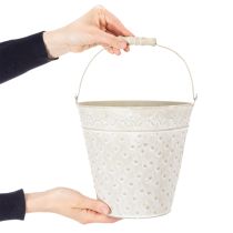 Artikel Deko-Eimer Metall Weiß gewaschen mit Holzgriff Ø20,5cm H20cm Pflanzkübel