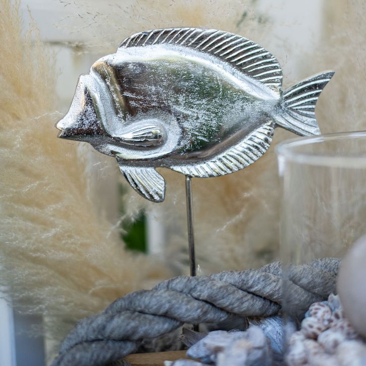 Deko-Fisch, Maritime Deko, Fisch aus Metall Silbern, Naturfarben H28,5cm