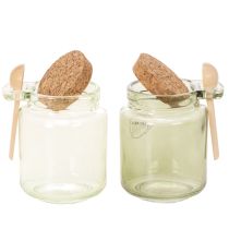 Artikel Deko-Gläser aus Glas mit Korkdeckel und Holzlöffeln, Grün, Ø 7 cm, H 10 cm, 2er-Set