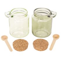 Artikel Deko-Gläser aus Glas mit Korkdeckel und Holzlöffeln, Grün, Ø 7 cm, H 10 cm, 2er-Set