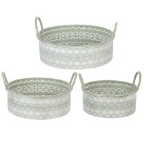 Artikel Deko-Schale Metall mit Griffen, Zink-Übertopf 3er-Set, Ø23/28/32cm, Weiß gewaschen Grün