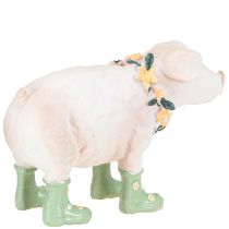 Artikel Deko-Schwein aus Polyresin 15,5cm in Rosa mit grünen Gummistiefeln und Blumenkranz