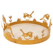 Artikel Deko-Tablett aus Holz und Metall Ø20cm H8,5cm mit Vogelmotiv in Edelrostoptik