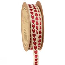 Artikel Dekoband mit roten Herzen Geschenkband Beige 10mm 15m