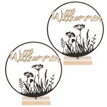 Artikel Dekoring mit Fuß aus Metall und Holz Ø20cm, Motiv Willkommen, Schwarz/Natur, 2 Stück