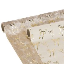 Artikel Tischband Dekostoff Polyester 120x35 cm Beige Creme mit Goldenen Schleifen