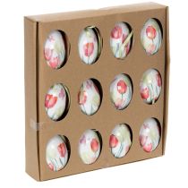 Artikel Ostereier Kunststoff 6cm Weiß Tulpenmotiv 12 Stück mit Aufhängeband für Frühlingsdeko