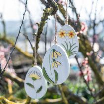 Artikel Eier zum Hängen, Ostereier aus Holz, Blumen-Motiv, Löwenzahn Schneeglöckchen Winterling H14cm 3St