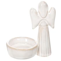Artikel Engelsfigur mit Schale und rundem Teelichthalter aus Keramik, 10 cm, 3er Set, weiß