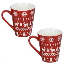 Artikel Festlicher Weihnachtsbecher mit Rentier und Tannenbaum Motiv H10cm- Rot und Weiß 2St