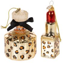 Artikel Christbaumschmuck-Set Parfumflakon und Lippenstift aus Glas mit Leopardenmuster 11 cm 2-teilig