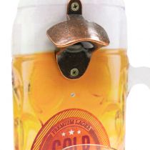 Artikel Wandflaschenöffner aus Holz und Metall mit Glasbehälter, 30 x 20 cm, Bier-Motiv