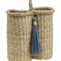 Flaschenhalter aus Seegras, Flaschenkorb geflochten, Balkondeko, Dekokorb zum Hängen Natur, Blau H20cm B22cm