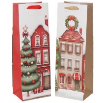 Artikel Geschenktasche für Flaschen, Set 2 Stück, 36 cm, Weihnachtsmotive, Haus und Tannenbaum